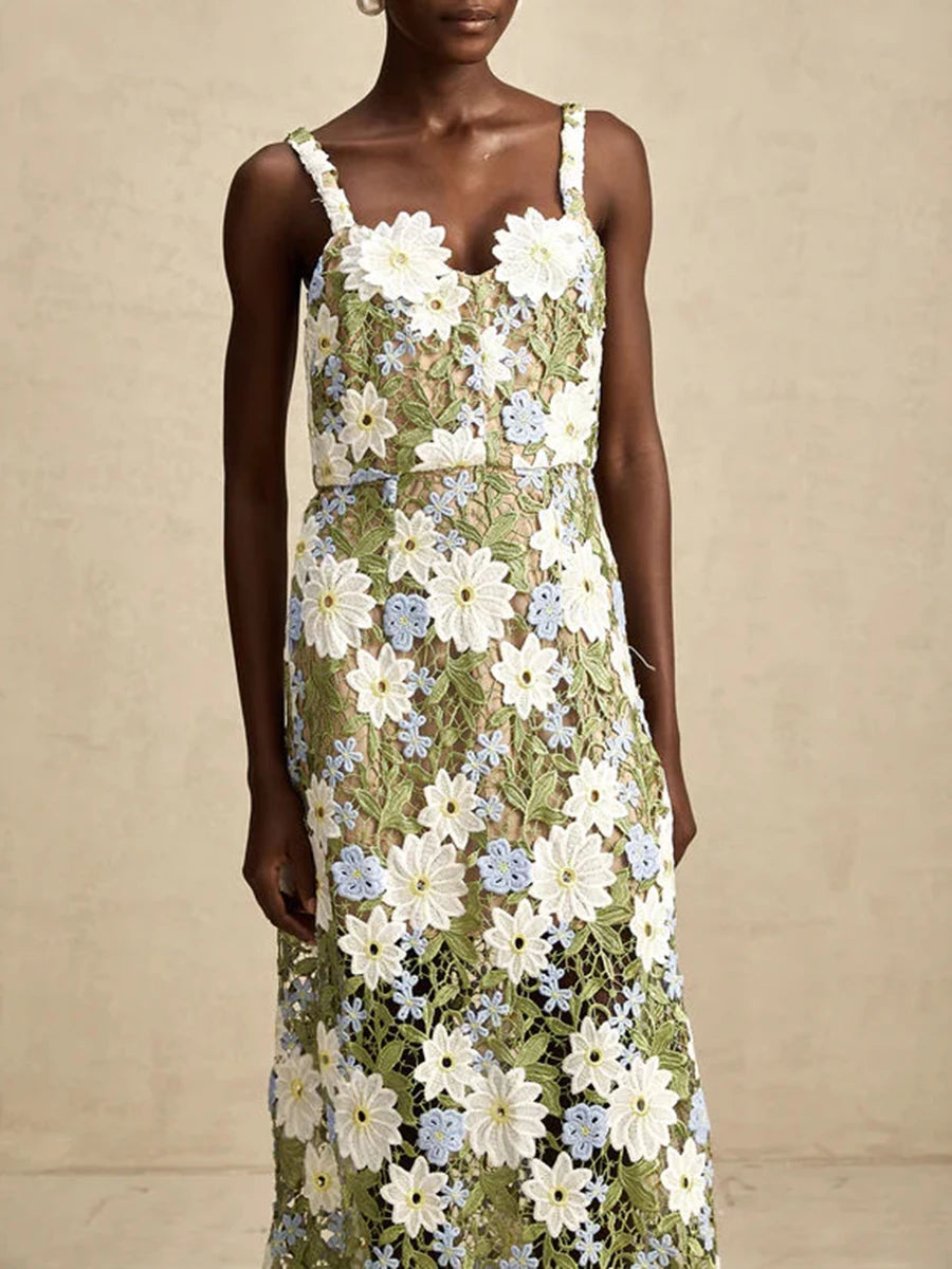 Colorblock Slimming Fashion Midi Dresses for Women Square Neck Sleeveless Patchwork Applique Dress Female Clothing