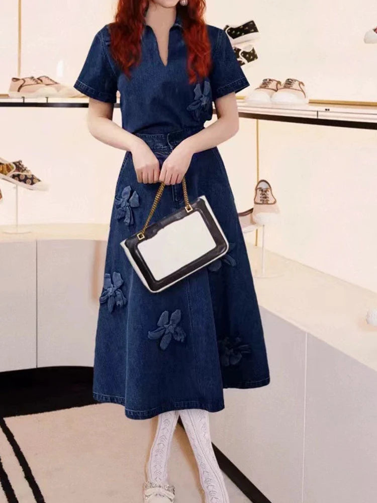 Spring 25 new denim women's suit three-dimensional flower lapel short-sleeved shirt+high waist A-shaped skirt two-piece suit