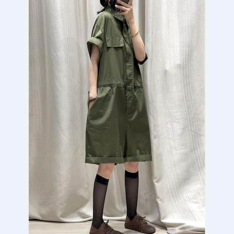 Vintage Jumpsuit Wide Leg Shorts Bodysuit High Waist Loose Workwear Pants Overall Large Size Playsuit Women Clothing One-pieces Green