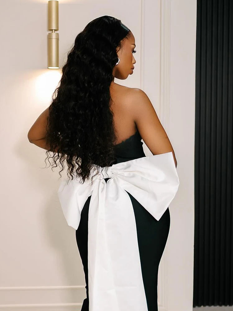 Glamorous Black Mermaid Strapless V-Neck Dress Gown with Bow Detail for Galas Wedding Party