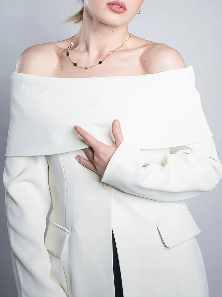 Solid Temperament Blazers For Women Slash Neck Long Sleeve Patchwork Pocket Minimalist Slim Blazer Female Fashion