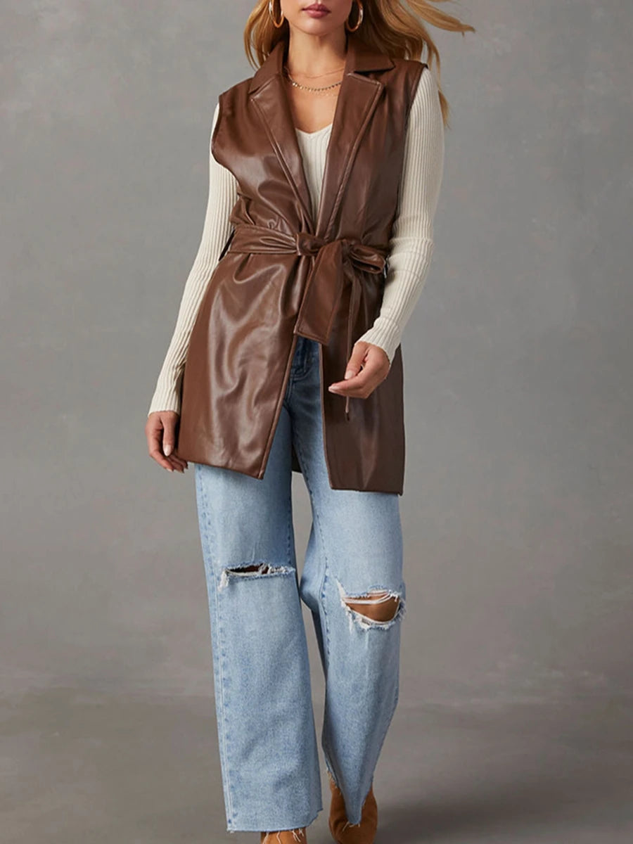 Women PU Leather Blazer Casual Sleeveless Lapel Collar Solid Color Jacket Autumn Outwear with Belt