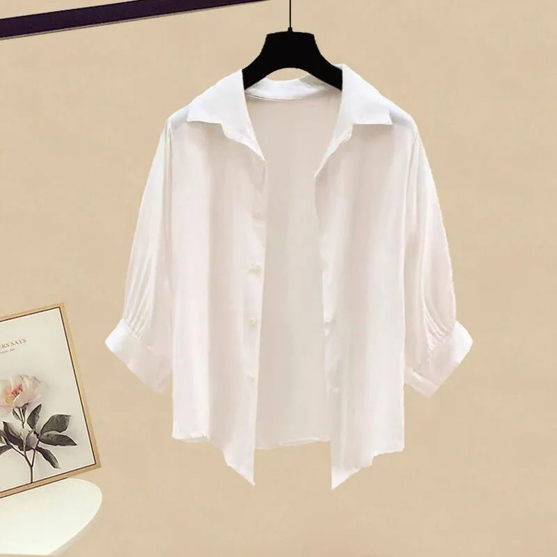 Women High Waist Long Denim Pants 2024 Summer Lady Daily Solid Shirt Vest Jeans 3 Piece Set Korean Fashion Blouse Tank Top Suits