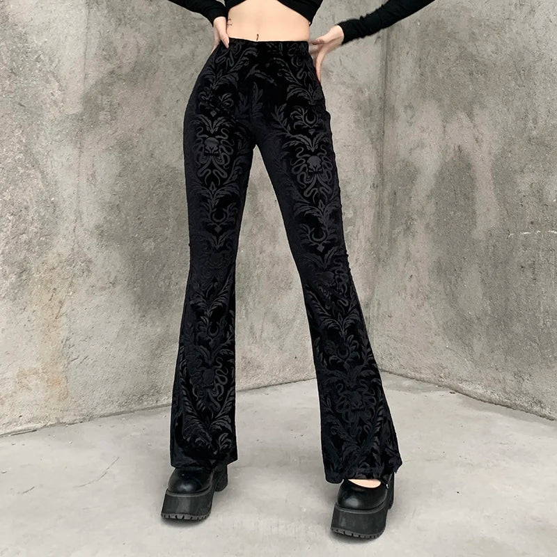 Y2K Gothic Black Lace Mesh Flared Pants Sexy Harajuku Aesthetic See Through Long Trousers Vintage Women Summer Pants Streetwear
