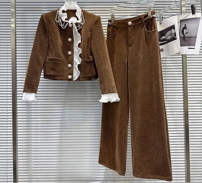 Winter New Fashion New Style Pearl Chain Cotton Jacket Corduroy Straight Pants Two-pieces Set For Women 11A07593