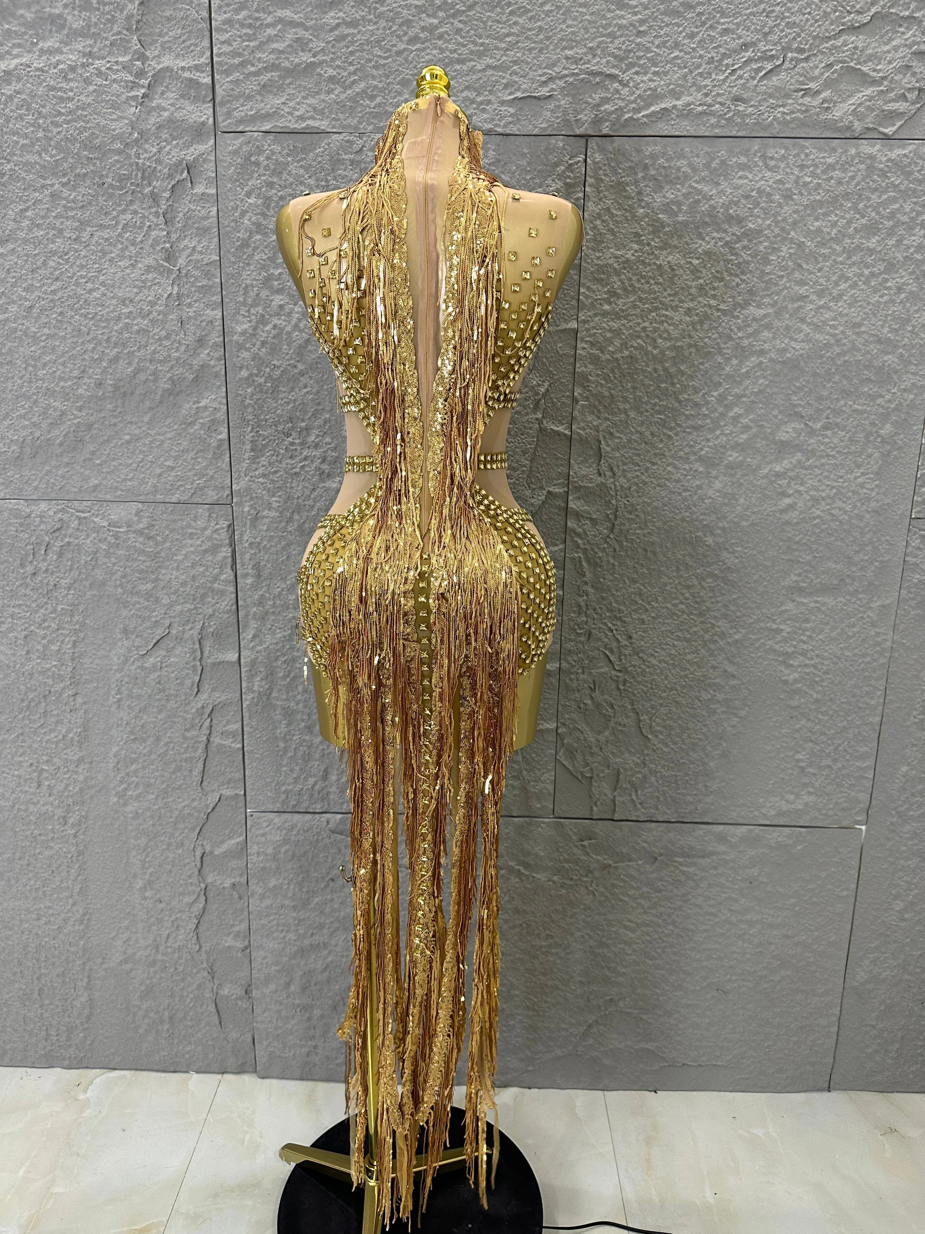 Opulent Gold Halter Neck Mini Dress Women Sexy Crystal Embellished Fringe Trim Form-Fitting Outfit Formal Event Party Costume