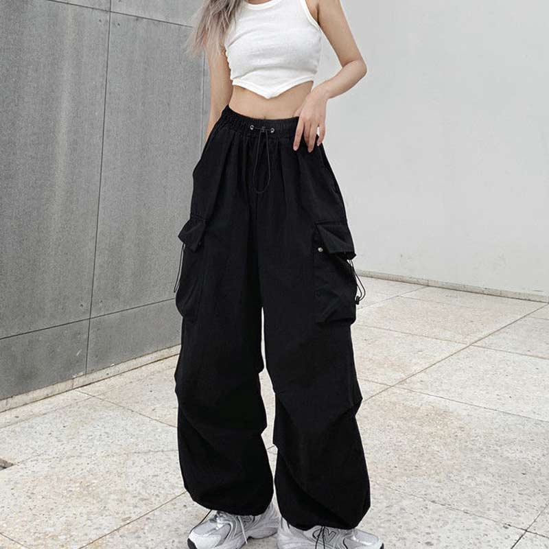 Pantalon Cargo Vintage décontracté pour femmes, Streetwear plissé avec cordon de serrage, jambes larges, droit, mode dames, survêtement, été