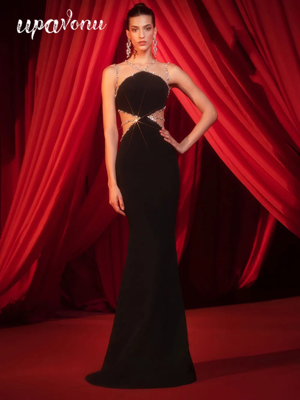 2025 Sexy Women's Light Luxury Water Diamond Spaghetti Strap Sleeveless Bandage Dress Waist Waist Bodycon Backless Long Dresses