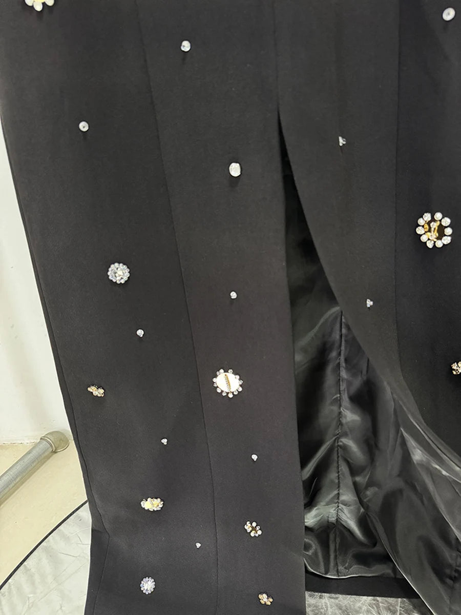 Hit Color Spliced Bead Luxurious Dresses for Women Round Neck Long Sleeve Patchwork Wave Point Elegant Dress Female