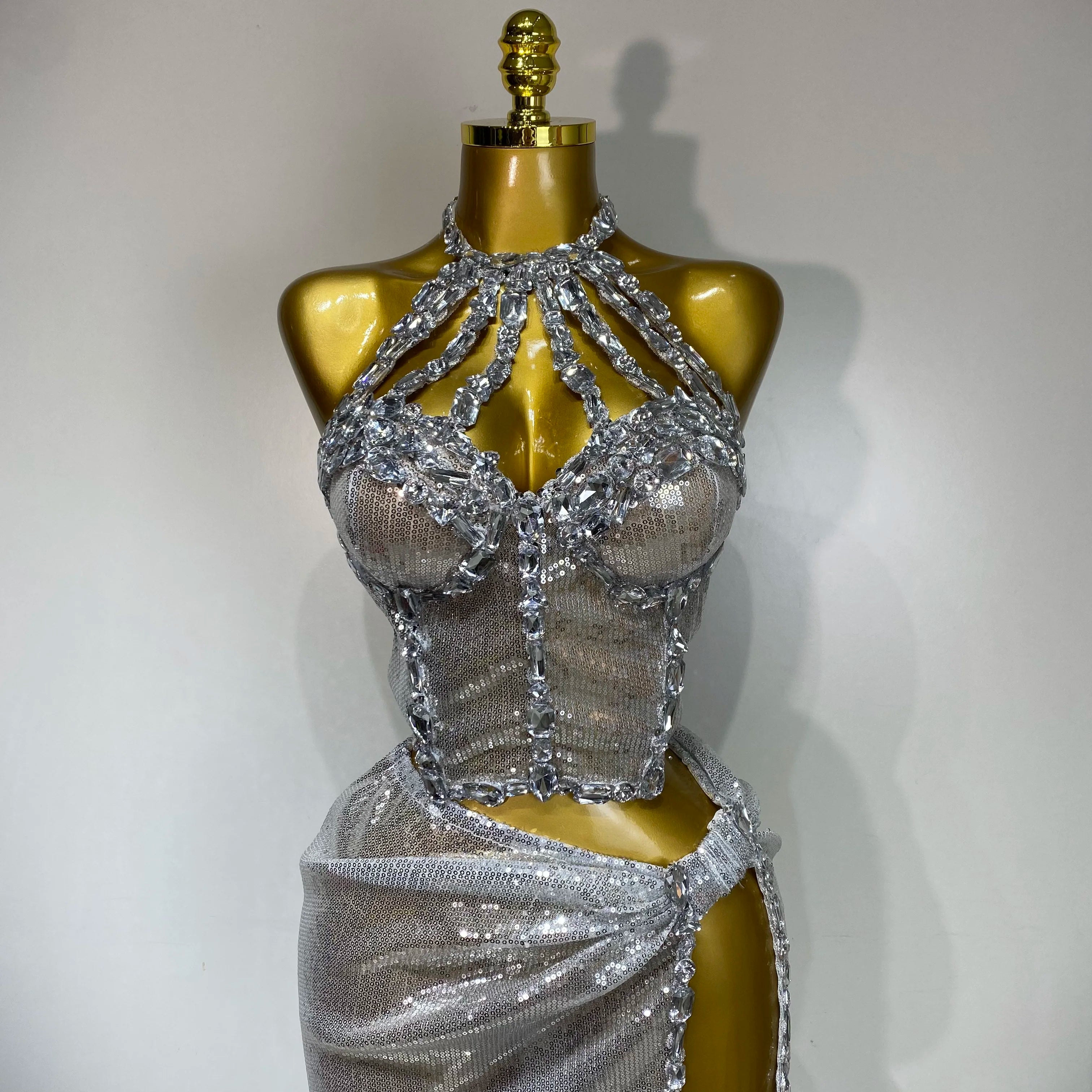 Women Sparkly 2025 Silver Rhinestones Top Long Skirt Two Pieces Set Singer Dancer Performance Costume Nightclub Stage Wear