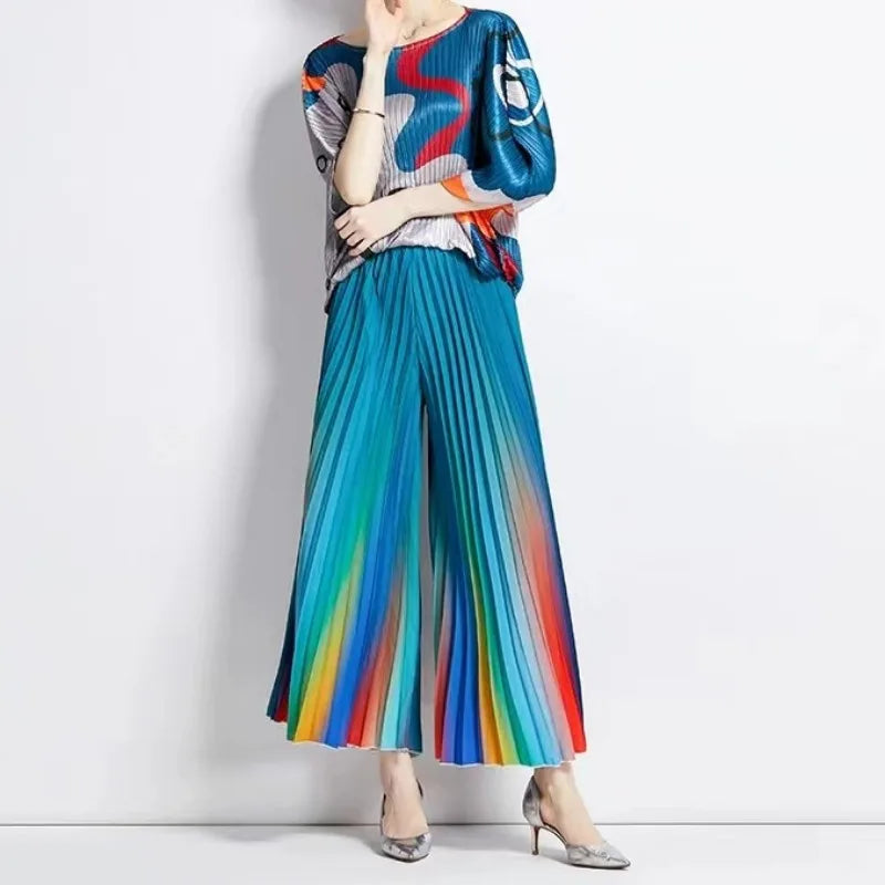 ALSEY Miyake Pleated Slim Hundred Fashion Rainbow Color Gradient Women's Office Lady Casual Pants Spring/Summer New