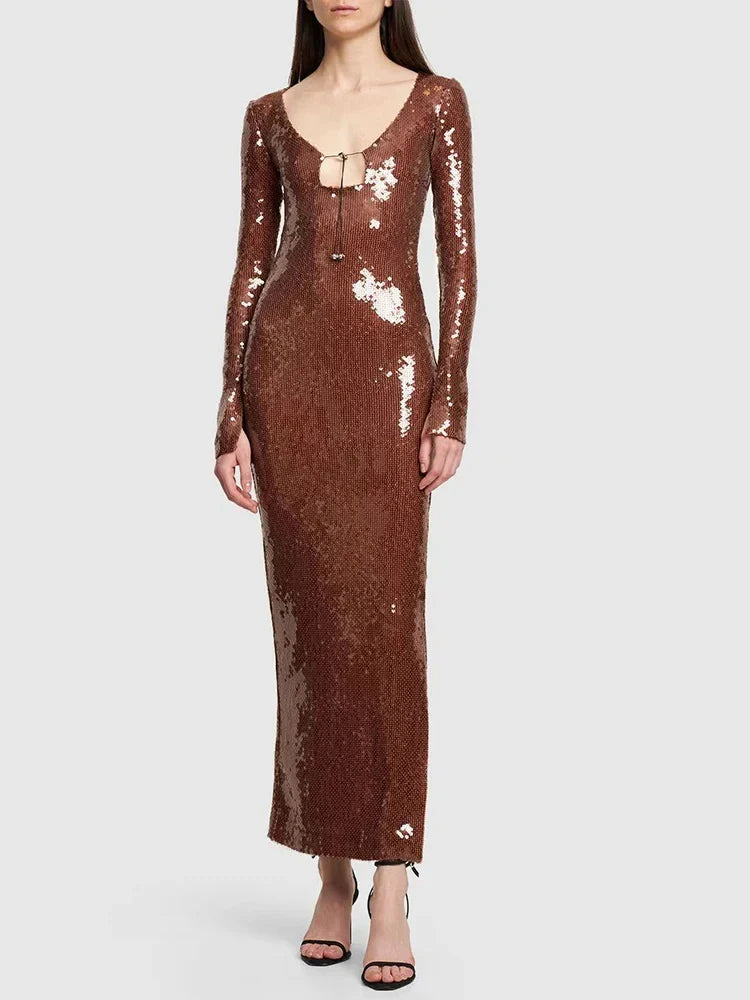 est Women Celebrity Sexy Long Sleeve Brown Mesh Sequins Long Gowns Dress Elegant Evening Party Club Dress Vestido Brown