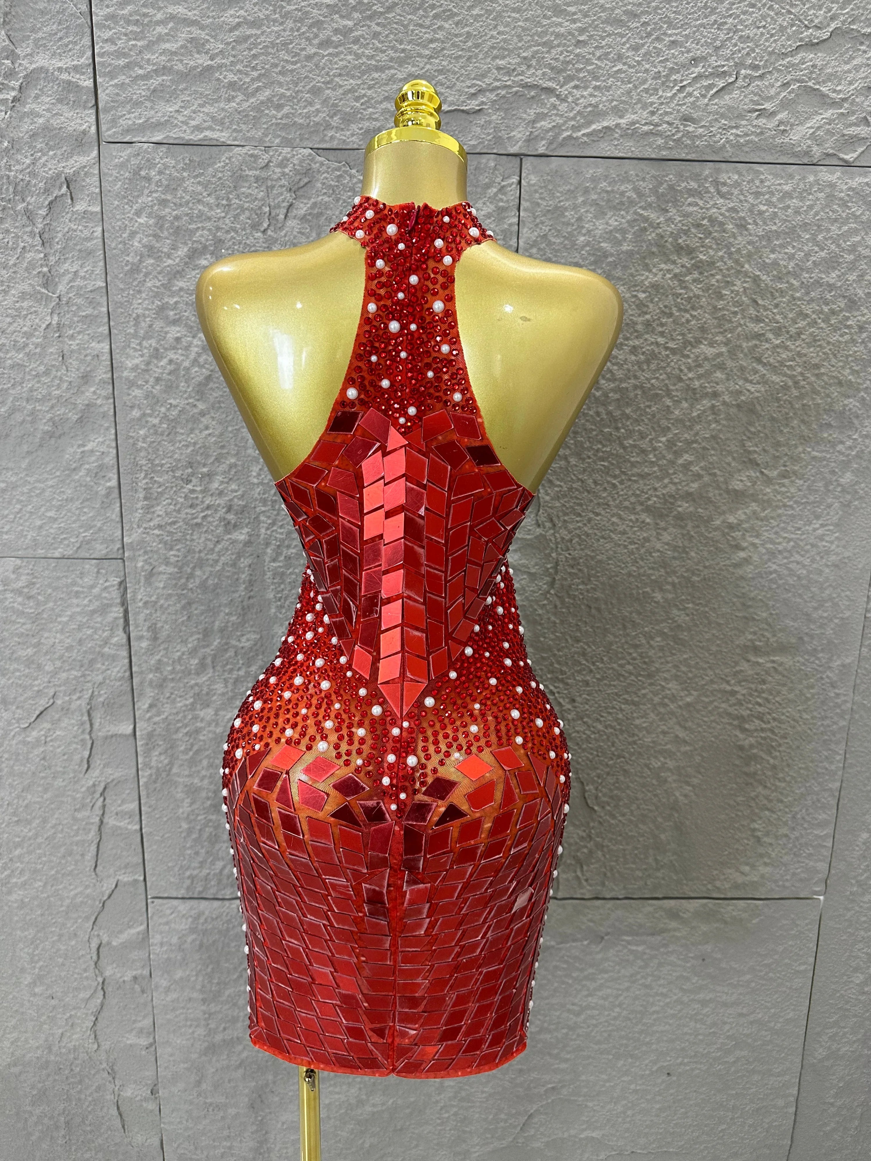 Luxury Gold Halter Neck Mini Dress Diamond Mirror Pearl Beaded Bodycon Nightclub Party Clubwear Outfit
