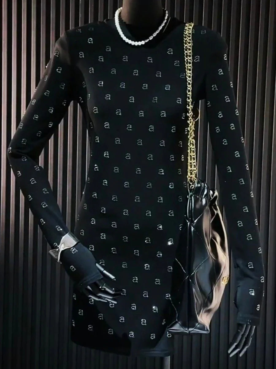 AW Wang Diamond A Letter Slim Fit Stretch Black Long Sleeve Short Skirt For Women Evening Party Dress Vestidos Midi Clothing