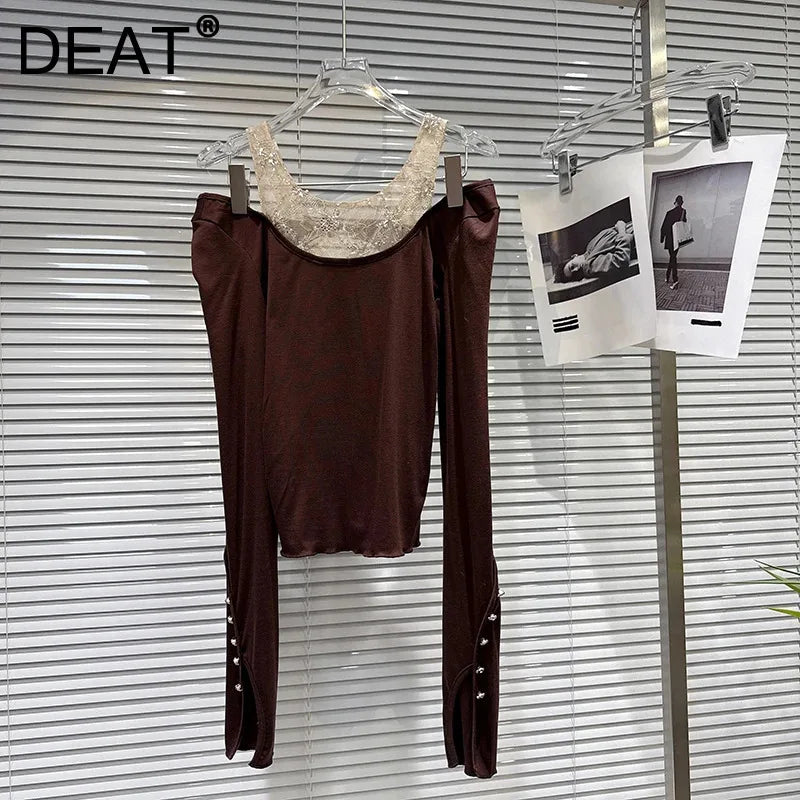 Winter New Sweet Fashion Embroidered Lace Collar Patchwork Design Stretch Long Sleeve T-shirt For Women 11A07863