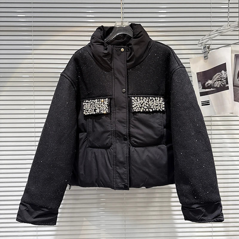 Winter New Fashion Patchwork Shiny Fabric Beaded Pocket Warm Jacket For Women Versatile Cotton-padded Coat 11A07930 Black One Size