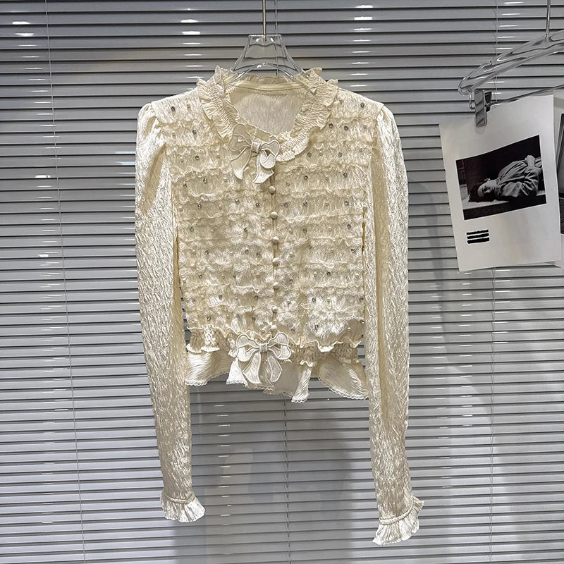 Winter New High-End Elegant Bowknot Pin Beaded Pleated Design Shirt For Women Versatile Blouse Female Trend 11A07851 Champagne One Size