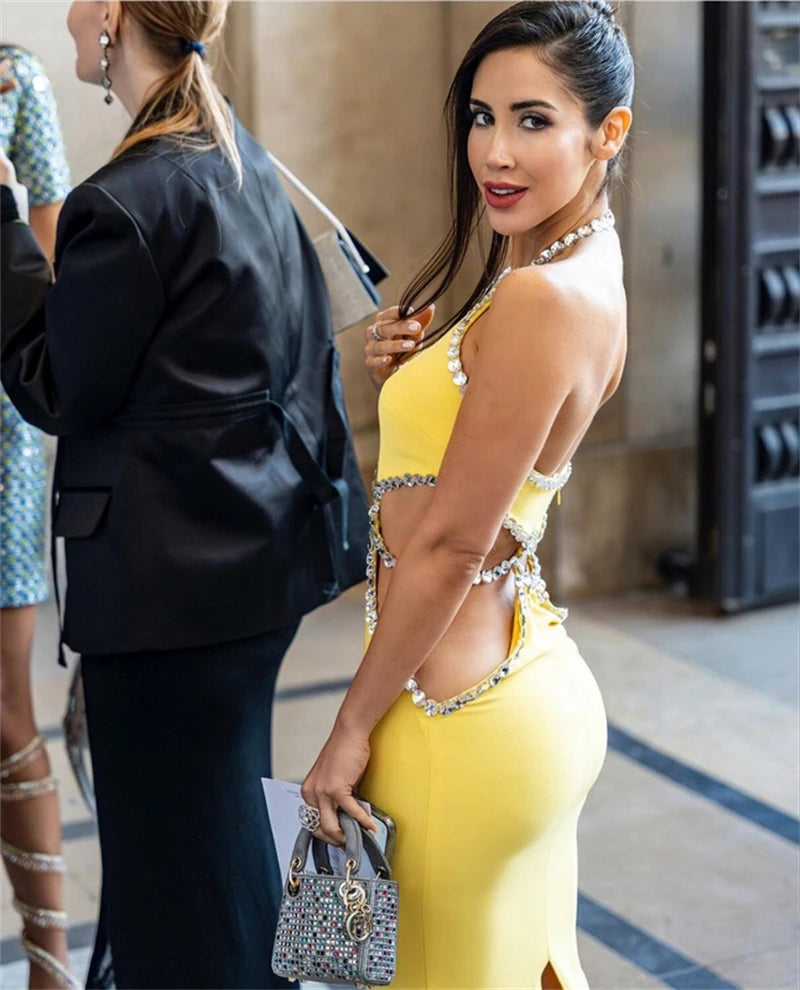 STOCK Lemon Yellow Sexy Hollow Out Sparkling Diamonds Ankle Length Bandage Dress Elegant Woman Evening Party Outfit