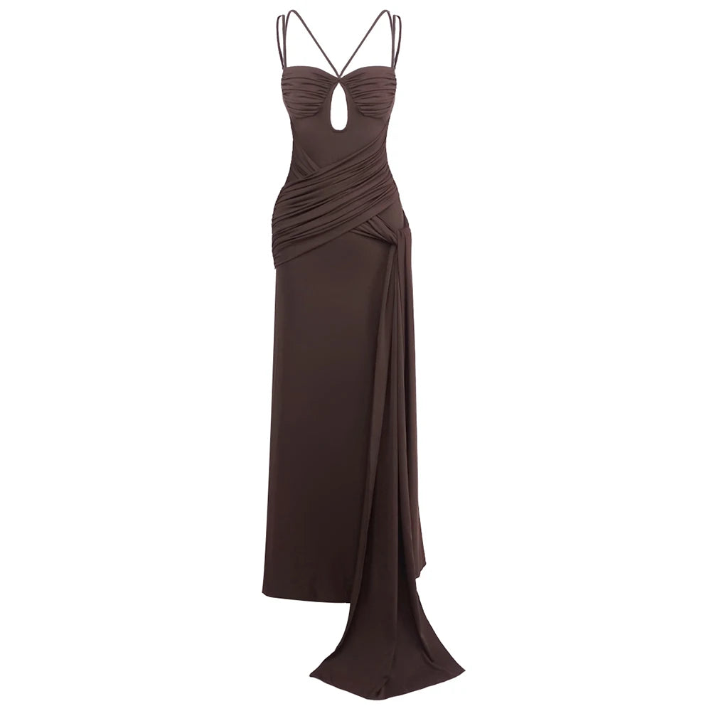 Chocolate Brown Strappy Sleeveless Draped Dress with High Slit & Cutout Detail for Formal Dinner Party Gown Brown
