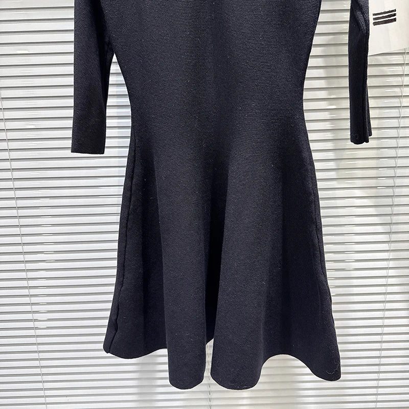 Winter New Elegant Fashion Back Rhinestone Tie Waist Design Knitted Dress For Women Slim Fit Black Dresses 11A07899