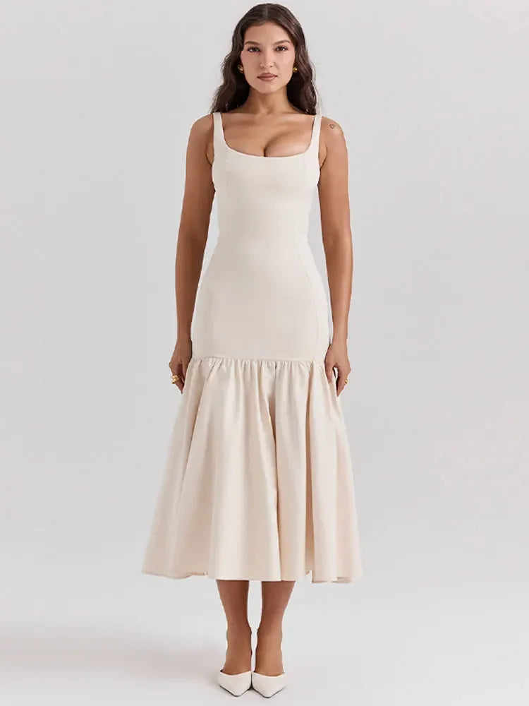 Summer Elegant Women's Solid Strap Dresses Sexy Sleeveless Backless Sling A Line Dress Chic Ladies Party Club Vacation Robe White