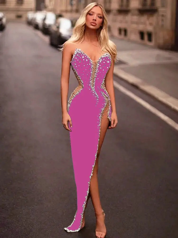 White Pink Blue Color Women Sexy Strapless Shinning Crystal Bodycon Bandage Maxi Dress Celebrate Evening Party Outfit Vestido