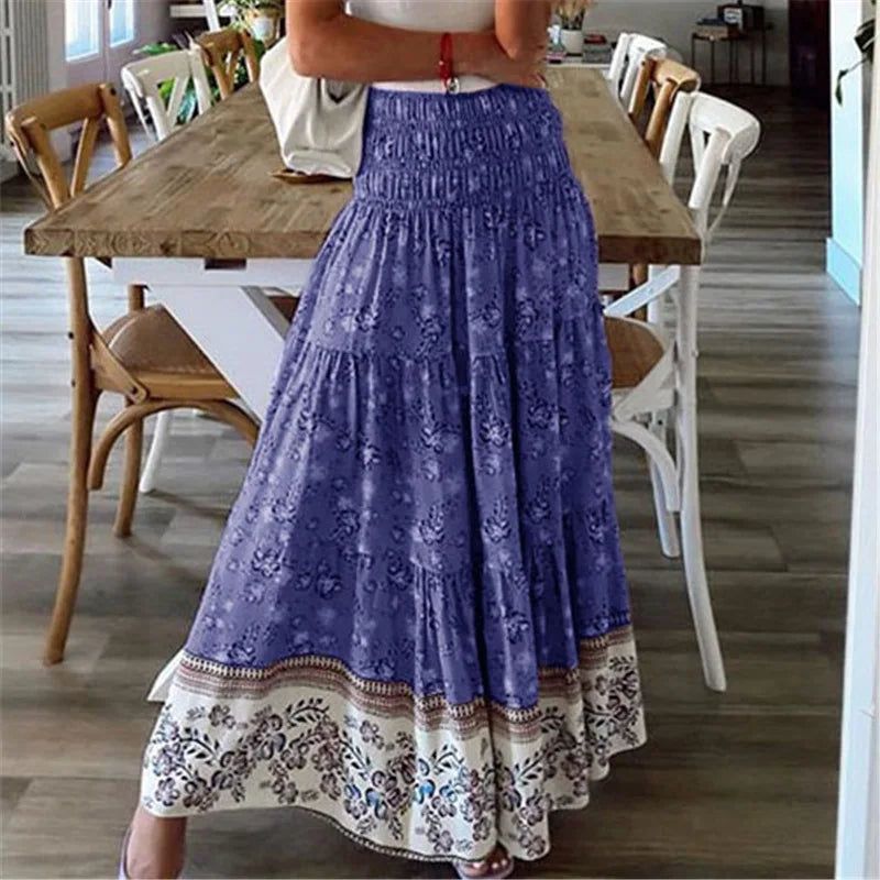 Sweet Style Casual Floral Print Skirts Vestido Summer Women Elastic High Waist Maxi Long Skirts Boho Ladies Holiday Beach Skirts Blue