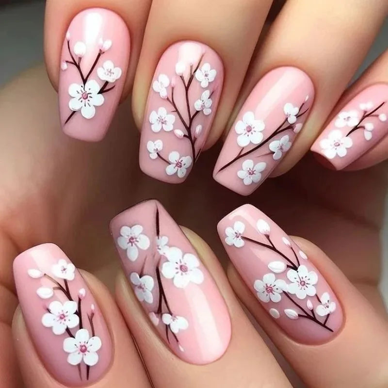 24pcs Purple Ballet Press on False Nails Art Short Coffin Nails Tips Flower Design Fake Nail Reusable with Jelly Glue Manicure