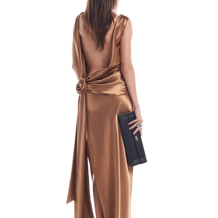 Mozision Satin Backless Sexy Maxi Dress For Women Elegant Rose Thigh High Split Beach Holiday Long Dress Gorgeous Club Gown Brown
