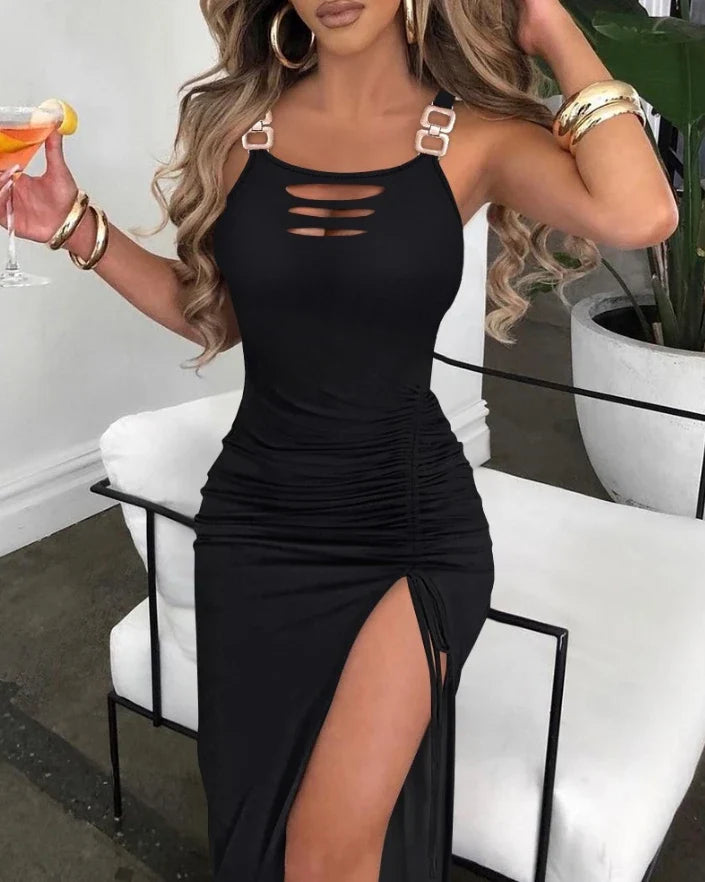 Sexy Women's Dress New Ladder Cutout Slit Buckled Bodycon Dress Solid Color Slim Fit Sleeveless Drawstring Pleated Dress B