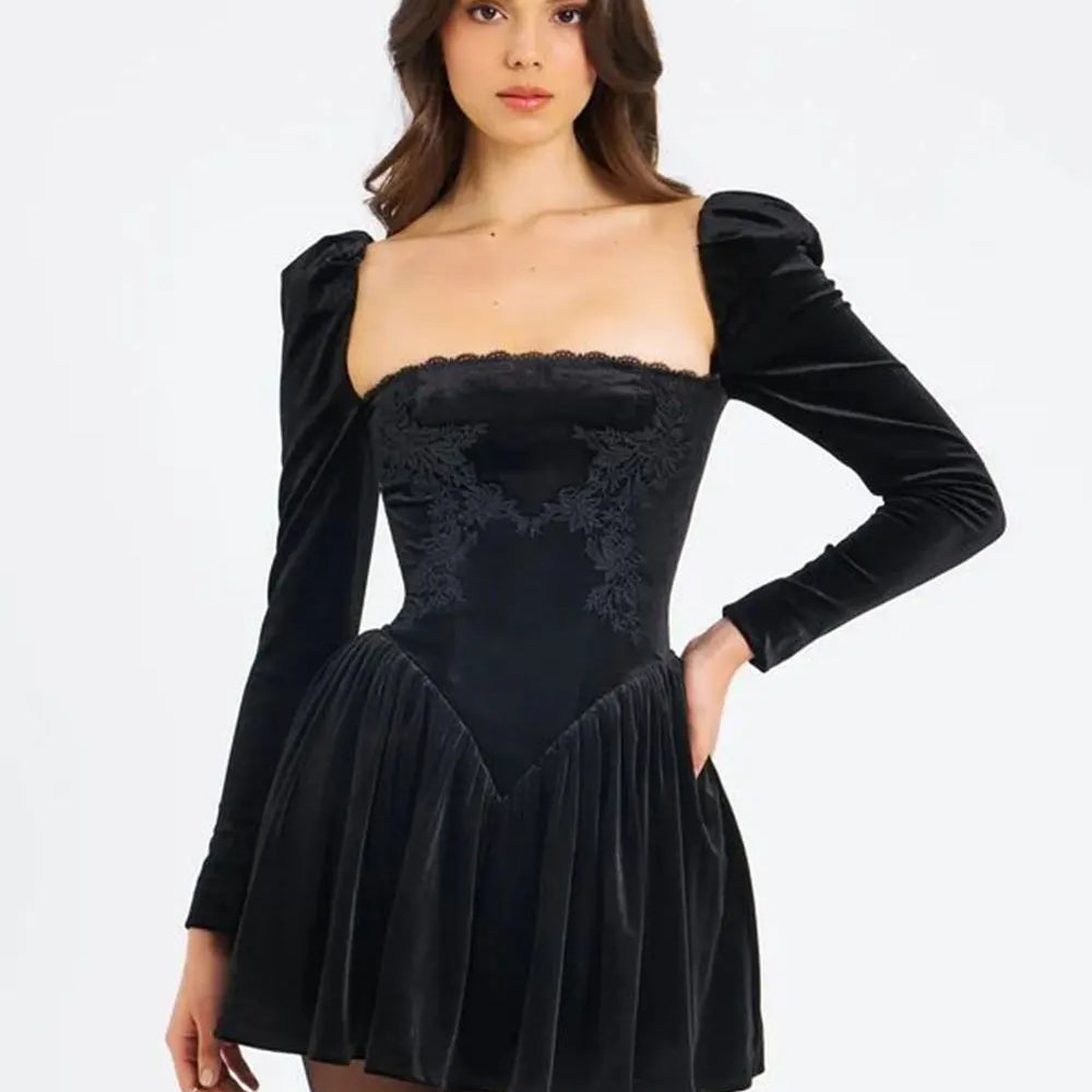 2024 Sexy Women's Christmas Dress Lace Square Collar Bubble Long Sleeve Slimming Bareback Drawstring pleated Mini Dress Vestidos black