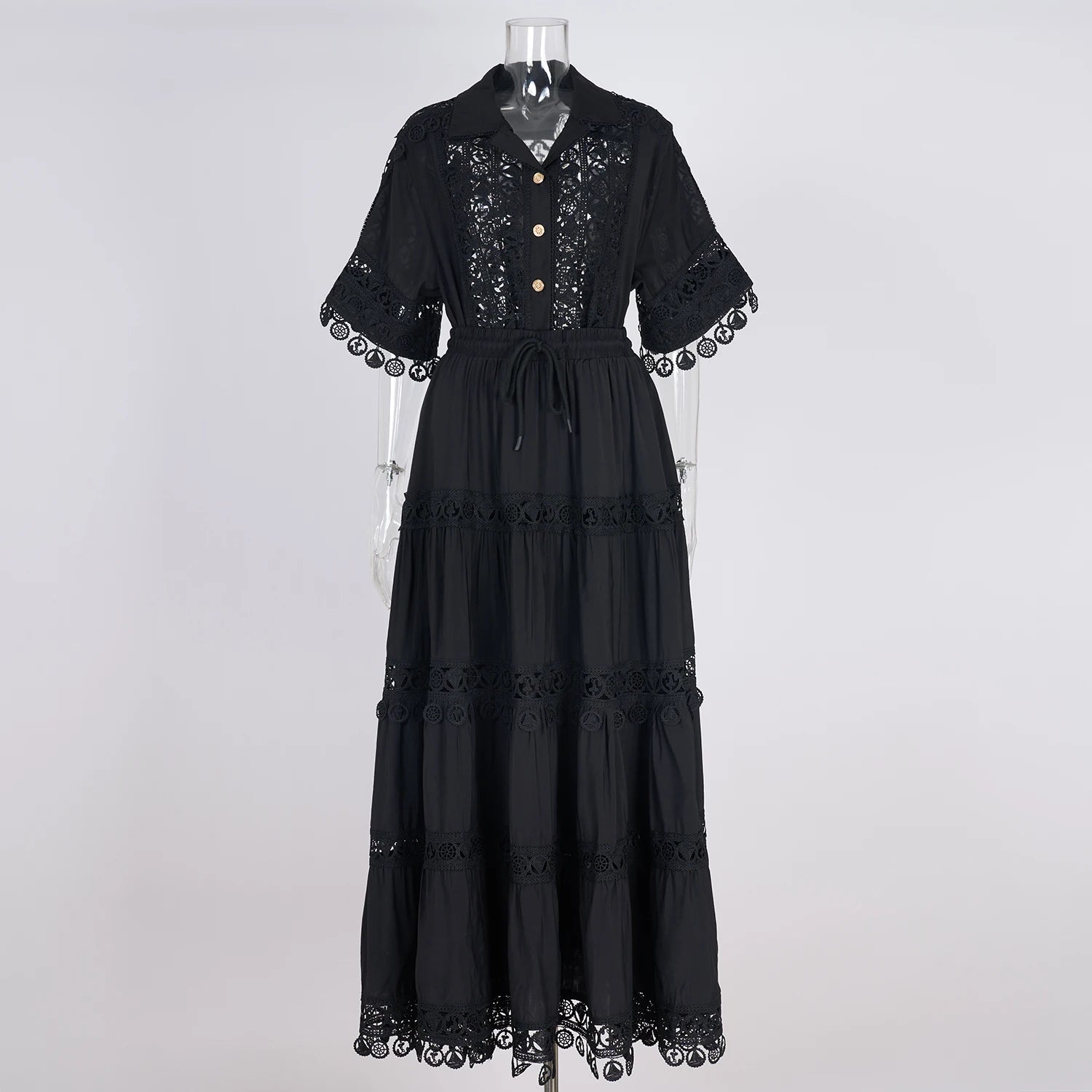 Summer Holiday Embroidery 2 Piece Sets Women Hollow Out Loose Shirt Top + Elastic Waist Maxi Skirts Suits Streetwear Y2k Outfits black