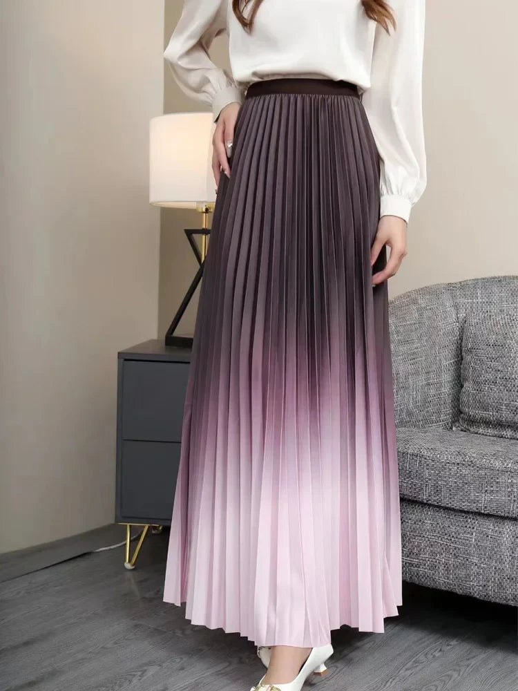 Floor-Length Long Pleated Skirt Women Gradient Color Lengthen Maxi Skirt Women Casual Patchwork Elegant Skirt Female PURPLE One Size