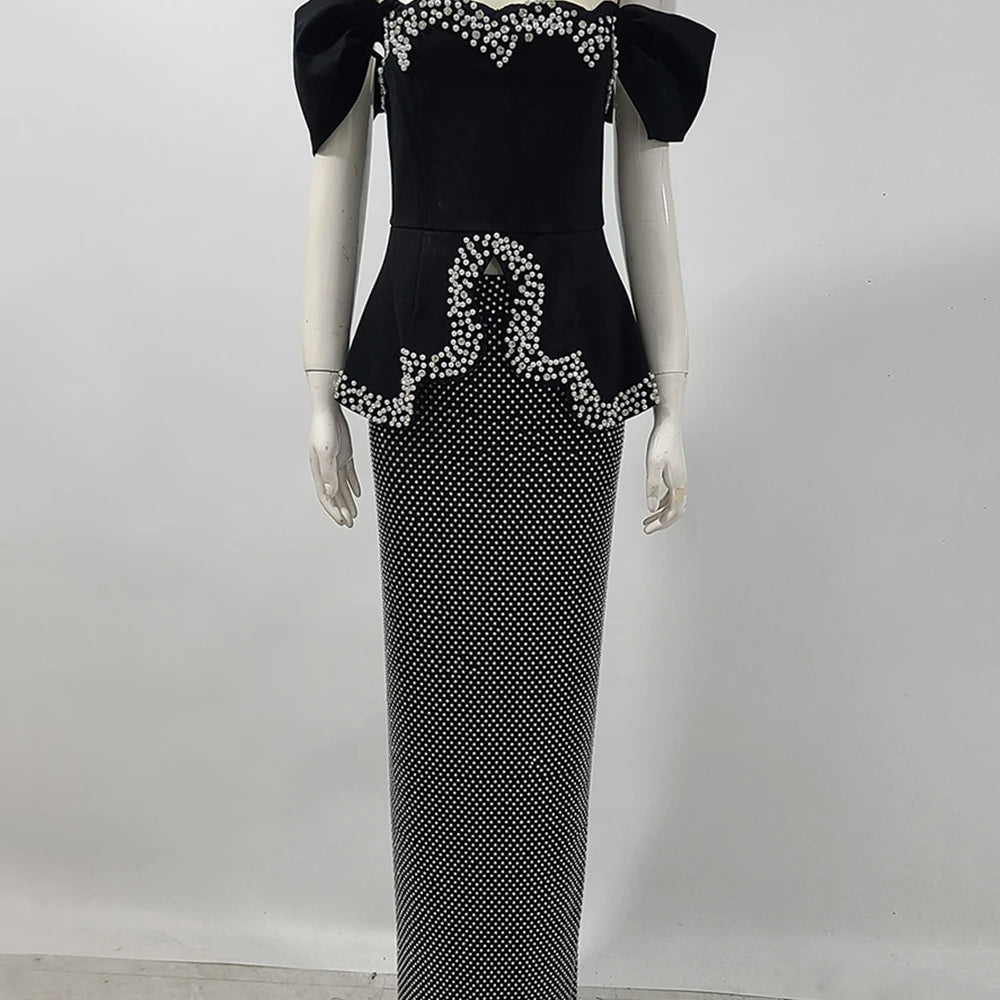 Women Sexy Off Shoulder Pearl Diamond Black Maxi Long Bandage Two Piece Set 2025 Elegant Evening Club Party Prom Gowns