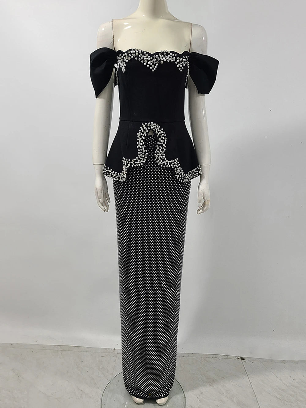 Women Sexy Off Shoulder Pearl Diamond Black Maxi Long Bandage Two Piece Set 2025 Elegant Evening Club Party Prom Gowns