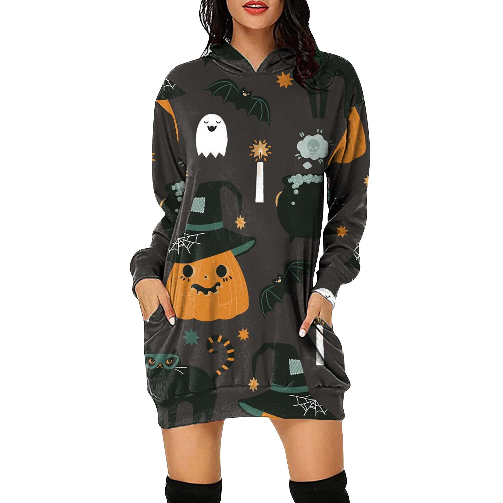 Women's Halloween Pumpkin Printed Sweater Hooded Long Sleeve Dress Sweatshirt Female Women Autumn Spring Casual Hoodies Clothes