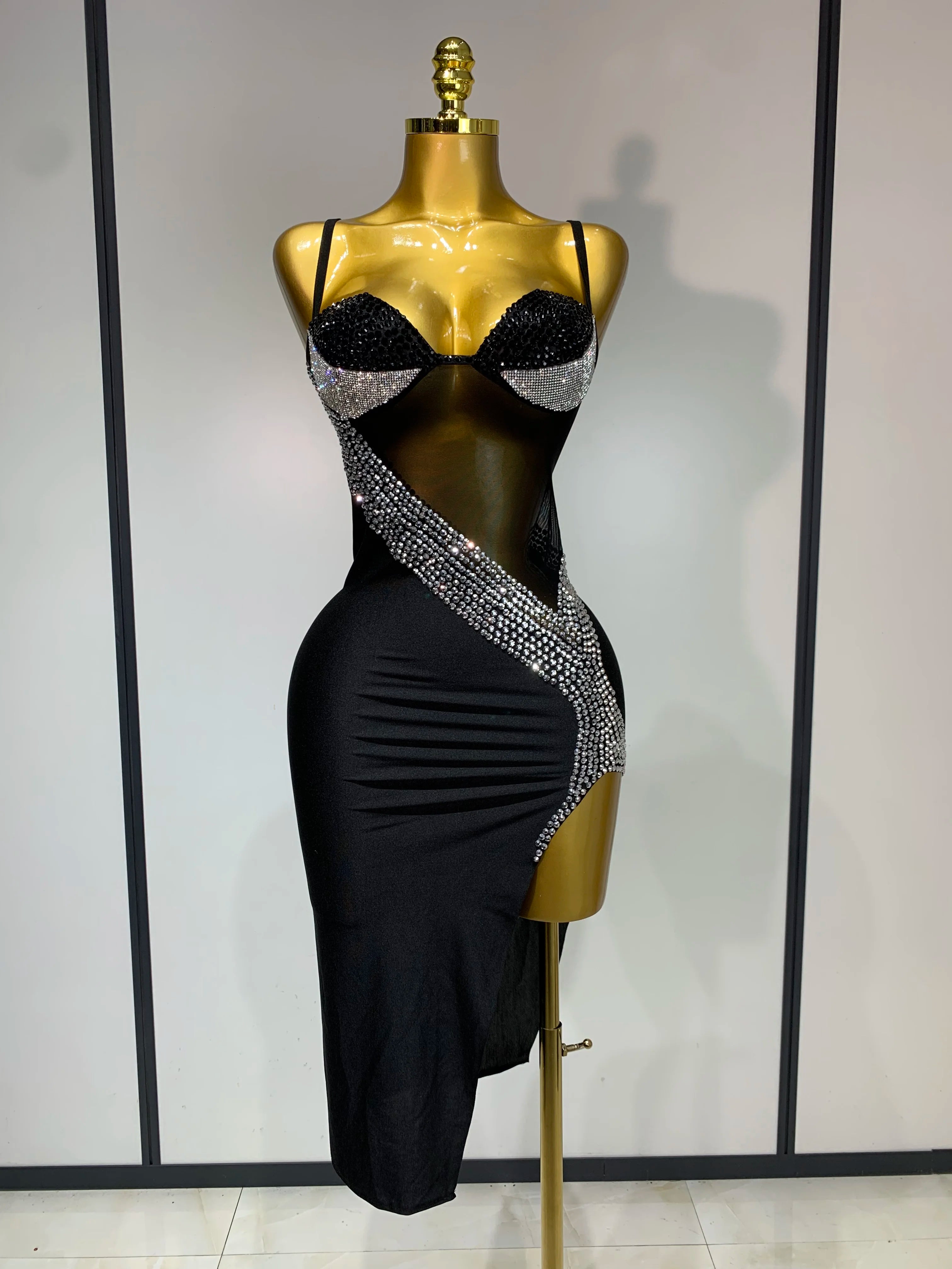 Sparkly Rhinestones Mesh Evening Party Dress Women Sexy Festival Celebrate Dj Nightclub Singer Stage Outfit Birthday Dress black