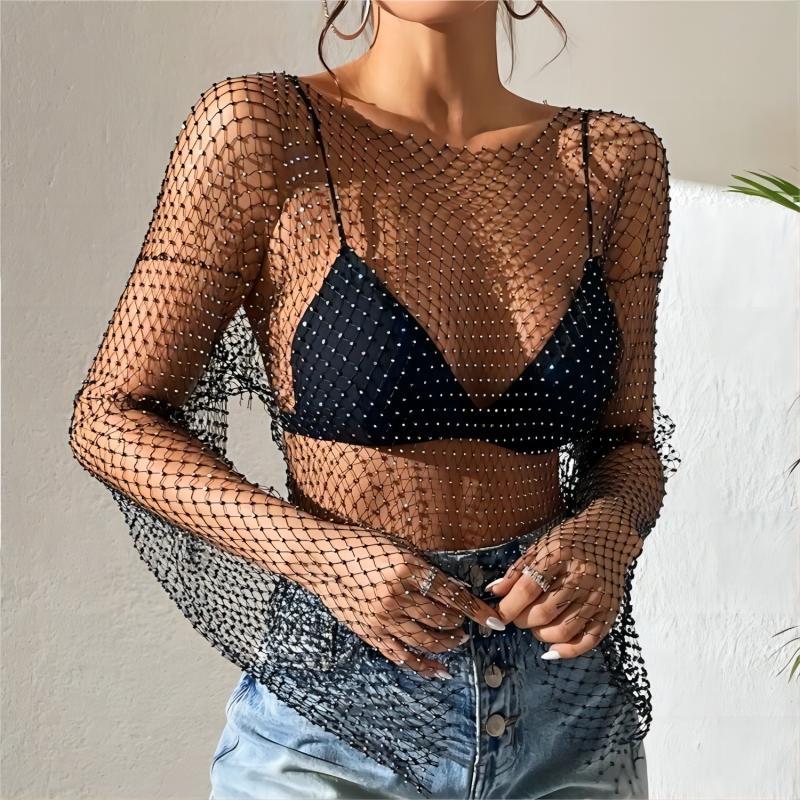 Sexy Mesh See Through T Shirt Shiny Rhinestone Fishnet Hollow Out Women Sexy Crop Top Long Sleeve Camis Cover Up Party Tank Tops