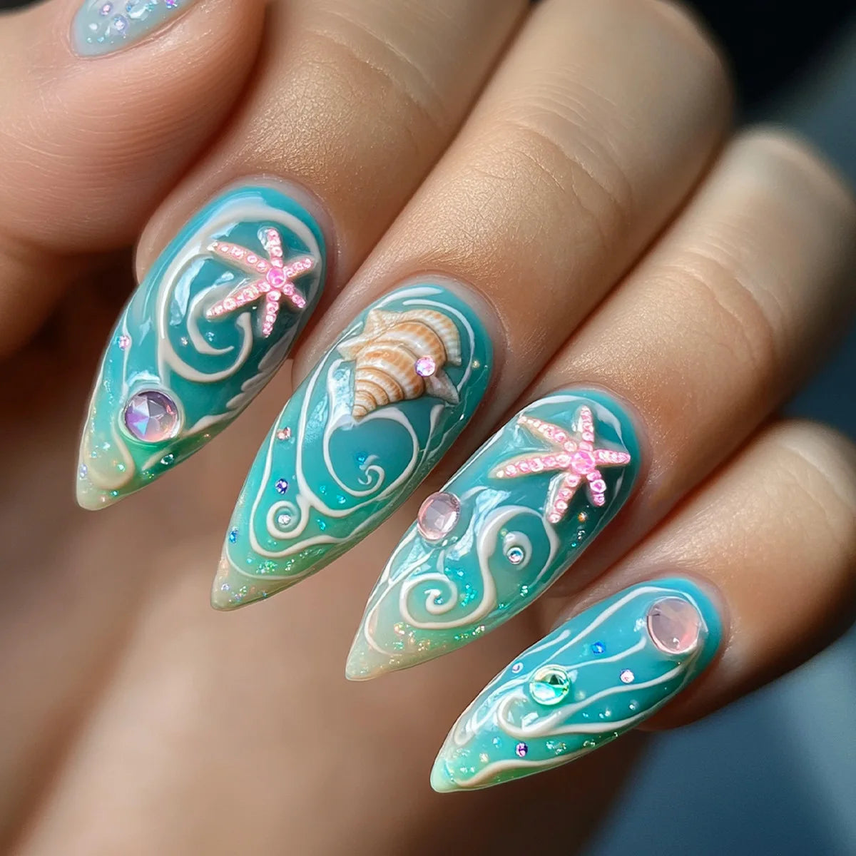 Medium fake nails for women gilrs gradient blue pink starry sky star moon Y2K design Almond nail tips press on false nail set 2256