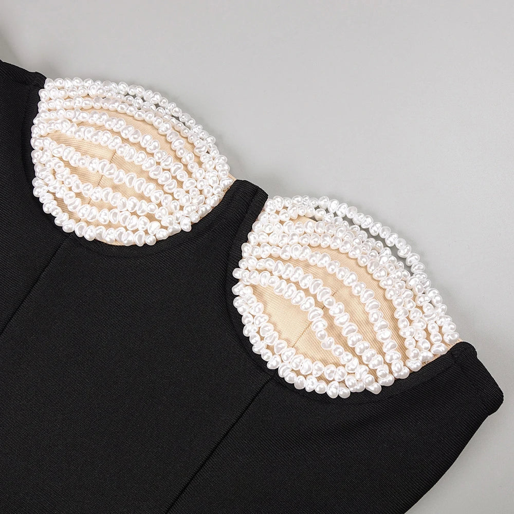 Patchwork Pearls Asymmetrical Dress For Women Strapless Sleeveless High Waist Split Sexy Dresses Female Fashion New