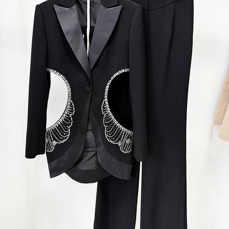 2025 New Autumn Women Long Sleeve Sexy Shinning Rhinestones 2 Pieces Blazer Set Elegant Evening Party Red Carpet Celebrate Wear