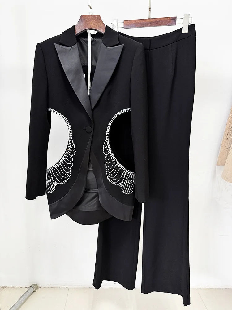 2025 New Autumn Women Long Sleeve Sexy Shinning Rhinestones 2 Pieces Blazer Set Elegant Evening Party Red Carpet Celebrate Wear