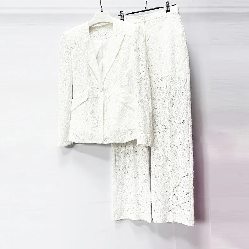 Solid Sheer Spliced Lace Two Piece Sets for Women Lapel Long Sleeves Patchwork Button Top Pant Elegant Set Female WHITE