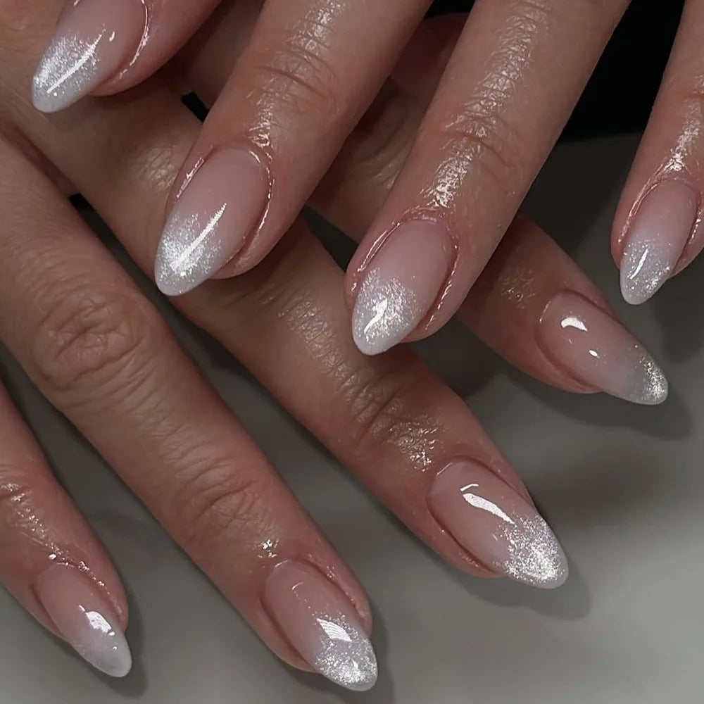 24Pcs Gradient Oval Fake Nails French Short Almond Glitter Nail Tips Art Pink Lovely Wearable Fashion Simple Nails Set Press On 5