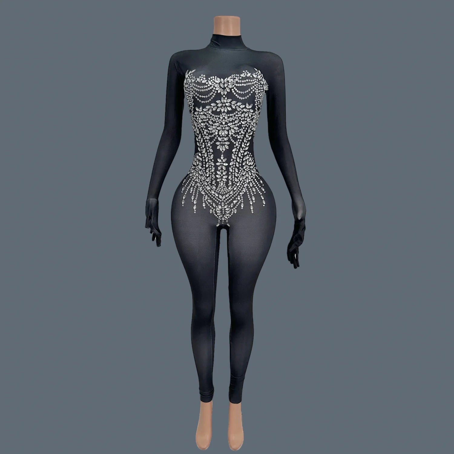 Sexy Women Long Sleeve Rhinestone Jumpsuit Gloves Festival Celebrate Party Outfit Club Stage Show Tight Fitting Jumpsuit Zhubao black One Size