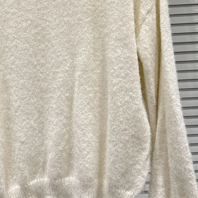 Winter Fashion Feather Trim Loose Elastic Knit Sweater For Women Solid Color Versatile Pullover 11A07673