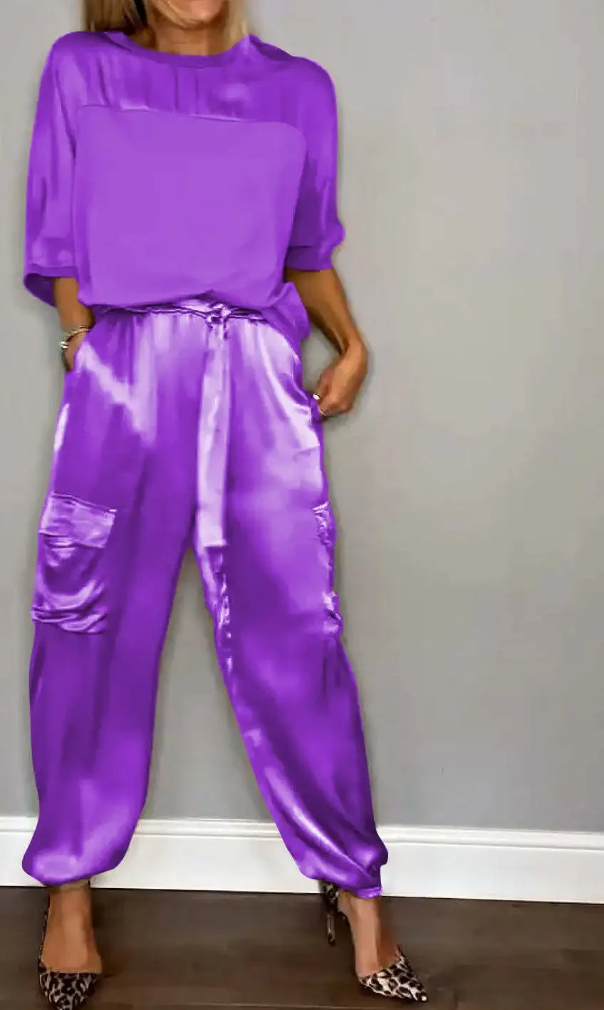 Summer Fashion New Elegant Women's Plus Size Set Street View Smooth Satin Half Sleeve Shirt Casual Pants Sports Two Piece Set PURPLE