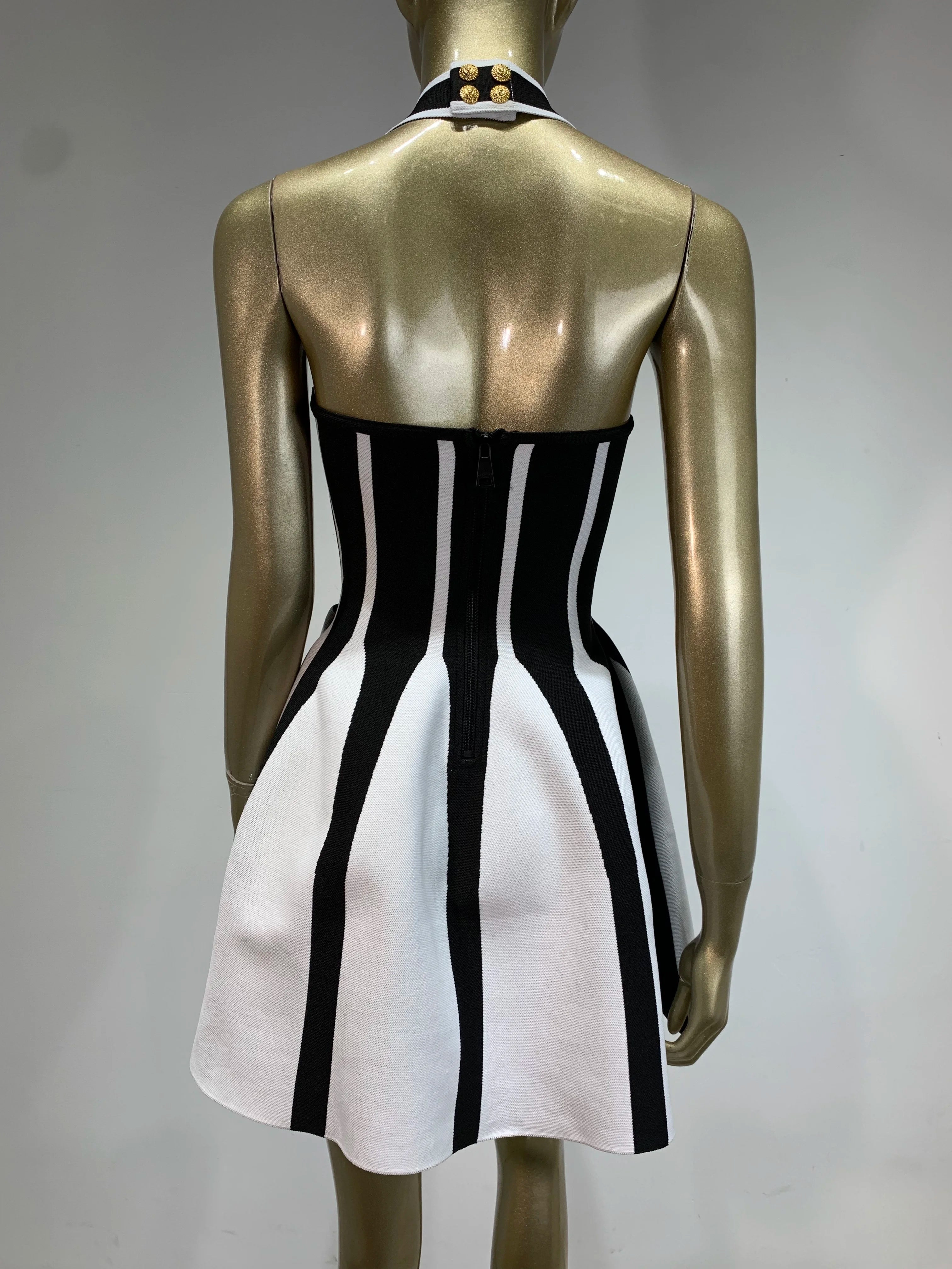 Women Celebrity Sexy Backless Halter Striped A Line Mini Jacquard Bodycon Bandage Dress 2025 Elegant Evening Club Party Outfit