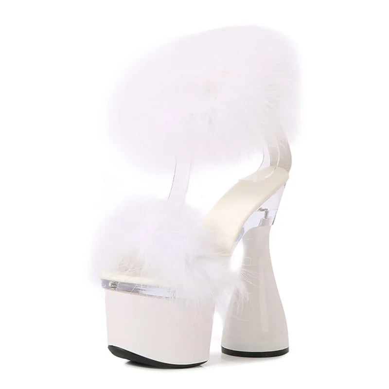 Women's 17.5CM Ultra High Heel Black White Red Platform Sandals Summer Fashion Furry Open Toe Nightclub Stage Round Heels Shoes As picture shown 2