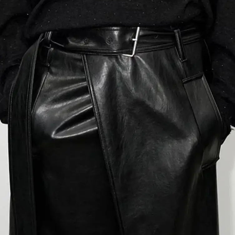 Lautaro Spring Autumn Shiny Black Soft Pu Leather Floor Length Skirt Women with Front Slit High Waist Extra Long Clothes 2025